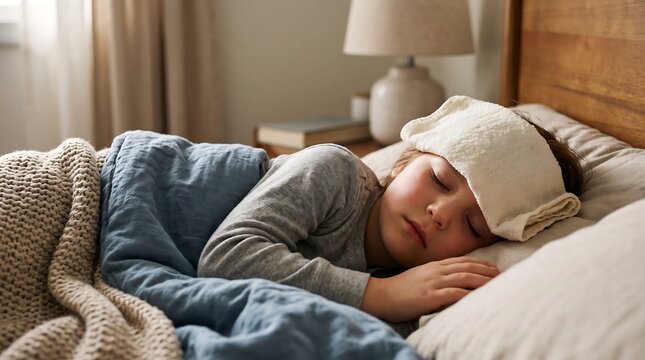 Sick young child sleeping in bed with wet compress towel on forehead, home fever care concept