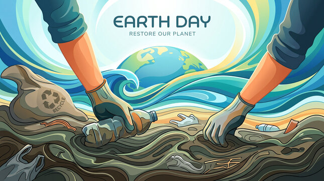 Hands in gloves are cleaning up plastic trash from the dirty water and the beach in honor of Earth Day.