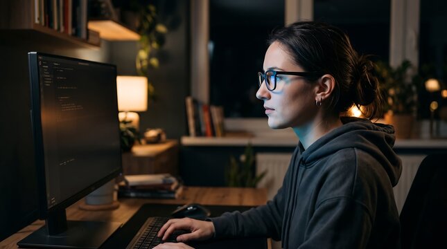 Side profile of woman wearing glasses coding on computer screen in dark room, software engineering concept
