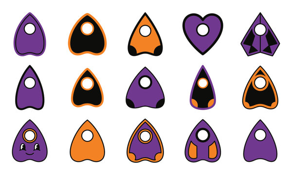 Ouija planchette icon set, 15 mystical spirit board pointers in purple and orange, occult halloween vector elements for divination and spooky design