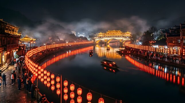 Fenghuang ancient town illuminated by vibrant red lanterns glowing at night while misty mountains reflect in the calm river waters during a tranquil evening atmosphere