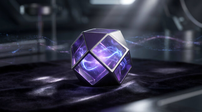 Glowing purple magic crystal cube with metallic frame in dark mysterious room