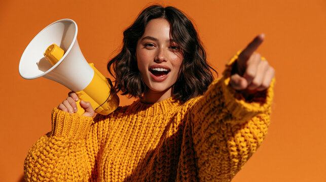 Announcing with Zeal: A young woman with a radiant smile and energetic pose holds a megaphone, her expression full of excitement and conviction as she points forward, ready to make an announcement.
