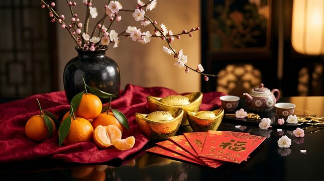 Chinese new year festive composition featuring fresh mandarin oranges blooming plum blossoms in black ceramic vase gold ingots and traditional red envelopes on dark silk fabric