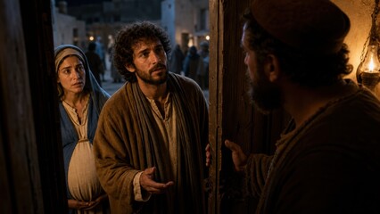 Fototapeta premium Joseph and pregnant Mary asking for shelter in Bethlehem. Biblical scene of the nativity story. Man and woman seeking hospitality from an innkeeper during their travel for census.