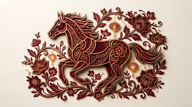 Ornate paper cut style horse silhouette features intricate floral patterns and glowing lanterns crafted in deep crimson and metallic gold hues for traditional lunar holiday celebrations