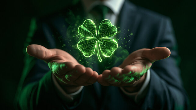Lucky Charm in Hand: A man in a suit holds out his hands, showcasing a glowing green four-leaf clover, a symbol of good fortune and prosperity.