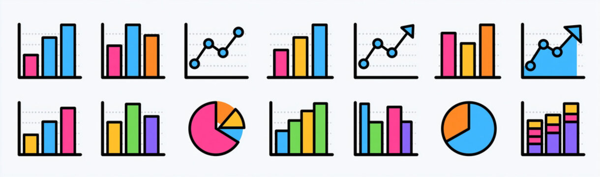 Collection of Charts and Graphs: A vibrant array of colorful charts, including bar graphs and line graphs, visually representing data and trends, suitable for business or educational context.