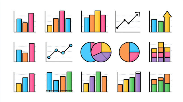 Data Visualization Collection: A vibrant array of flat design charts and graphs, including bar charts, line graphs, and pie charts, presented in a clean, organized grid.