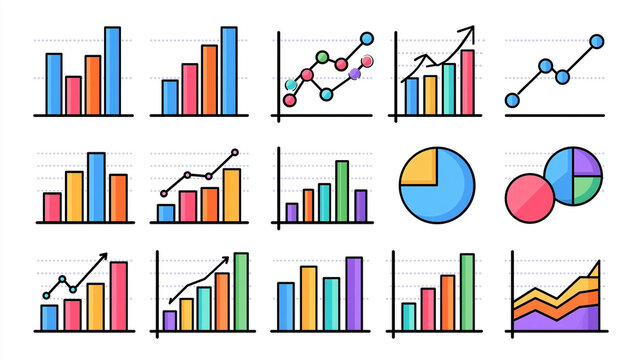 Diverse Chart Collection: A vibrant assortment of colorful charts including bar graphs, line charts, and pie charts, illustrating data trends and financial growth.