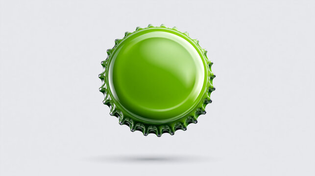 A clean studio shot of a single blank green crown cork bottle cap viewed from above, isolated on a light gray background with a soft drop shadow.