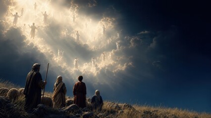 Obraz premium Shepherds watching group of angels appearing in night sky above Bethlehem field. Biblical nativity scene depicting announcement of Jesus birth. Religious faith and Christmas miracle concept.