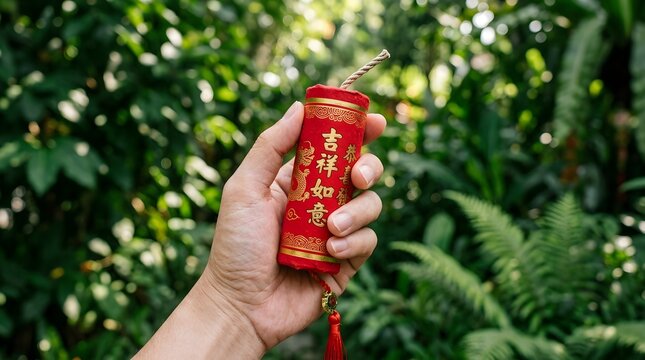 Bright red traditional Chinese firecracker held securely in a person hand against a lush green natural blurred background reflecting festive spirit and cultural holiday celebratory atmosphere