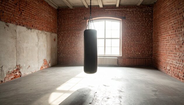 Black punching bag hanging in empty brick room