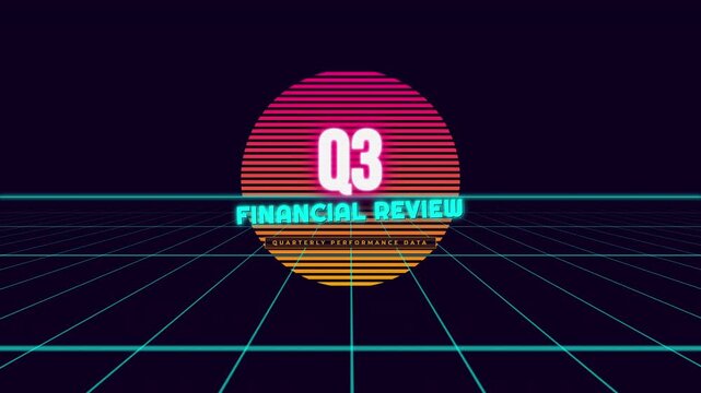 Retro 80s synthwave Q3 financial review title animation with neon text and perspective grid