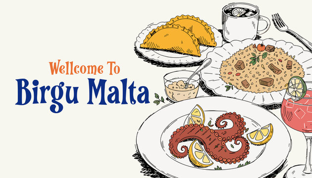 Welcome to Birgu Malta: Mediterranean Cuisine Illustration with Octopus, Pastizzi, and Rice Dish