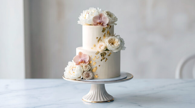 Two tier wedding cake decorated with fresh flowers and gold leaf accents