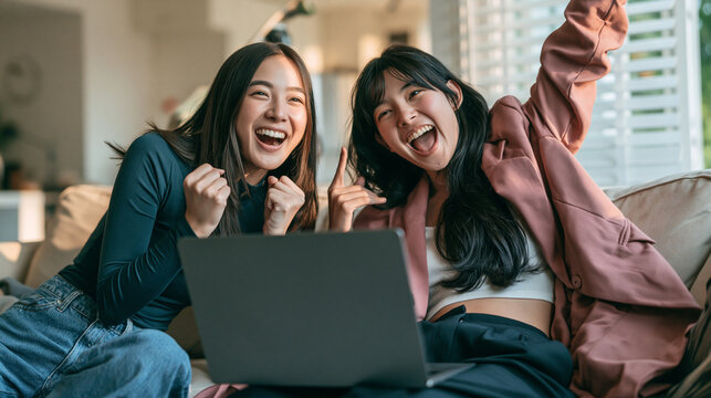 Excited Friends Celebrating Online Success: Two young Asian women share an ecstatic moment, cheering and celebrating while looking at a laptop, capturing a feeling of shared joy and accomplishment.