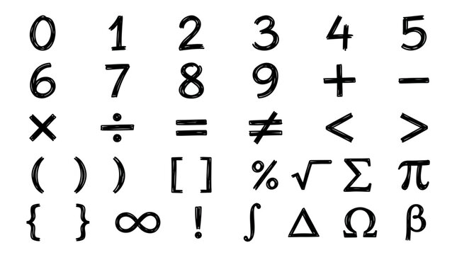 Hand-drawn Math Symbols and Numbers Set, Isolated on Transparent Background
