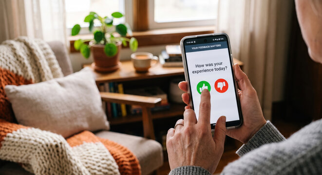 Mobile in‑app rating prompt; micro‑survey with slider, open‑ended comment; consent first.