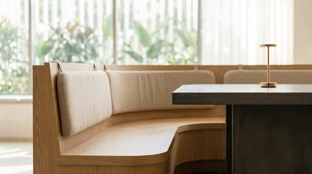 Modern booth seating with curved wooden bench and cushions next to concrete table, bright window view in minimalist interior design.