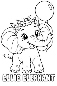 Ellie Elephant Adorable Cartoon Character Coloring Sheet, Premium Clean Outline Animal Illustration