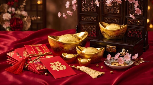 Shiny gold sycee ingots resting beside traditional red envelopes and delicate pink blossoms on a luxurious silk cloth surface celebrating the vibrant Chinese lunar new year