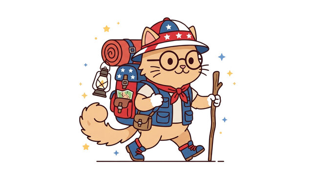 Cute Cartoon Cat Hiker Hiking with Backpack Lantern and Walking Stick Patriotic American Camping Adventure Vector Illustration Isolated PNG
