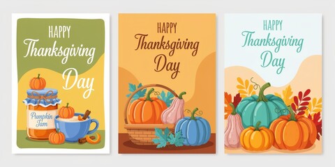 Fototapeta premium Set of thanksgiving day greeting cards with pumpkins