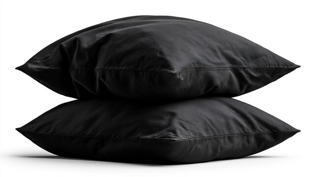 A clean studio photo of a stack of two soft, fluffy black pillows isolated on a white background, perfect for sleep, comfort, and bedding concepts.