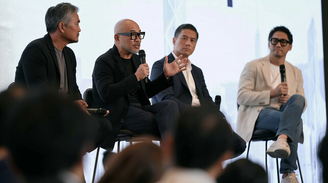 Panel Discussion on Innovation: Four distinguished gentlemen engage in a dynamic panel discussion, sharing insights and expertise on a topic of innovation, as an attentive audience listens.