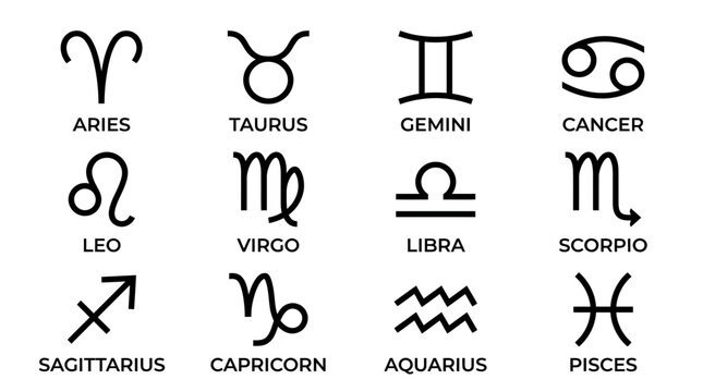 Zodiac signs icons set, flat black symbols on transparent background