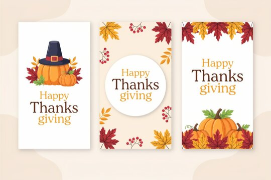 Set of thanksgiving greeting cards with pumpkins and leaves