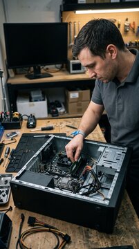 A focused technician intently works on the internal components of a desktop computer, surrounded by tools and electronic equipment in a workshop setting.