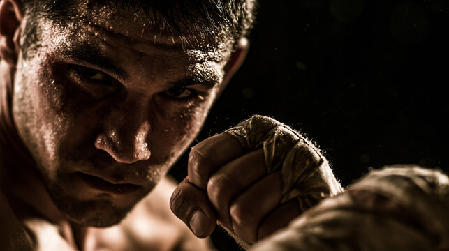 A gritty, intense portrait of a sweaty, battered boxer in a dark, smoky gym, his clenched fist held up defensively with a fierce, determined glare.