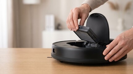 Fototapeta premium Hands opening robotic vacuum cleaner lid on wooden table