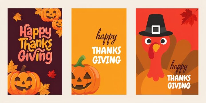Thanksgiving holiday cards with pumpkins and turkey
