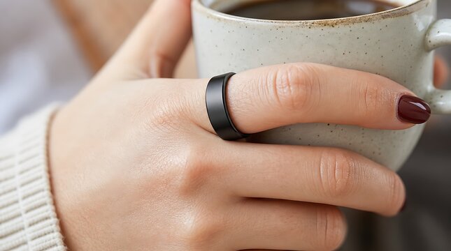 Hand wearing a matte black smart ring while holding a ceramic coffee cup for health tracking wearable technology concept.