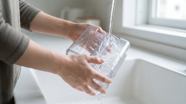 Person washing a transparent plastic container in a kitchen sink