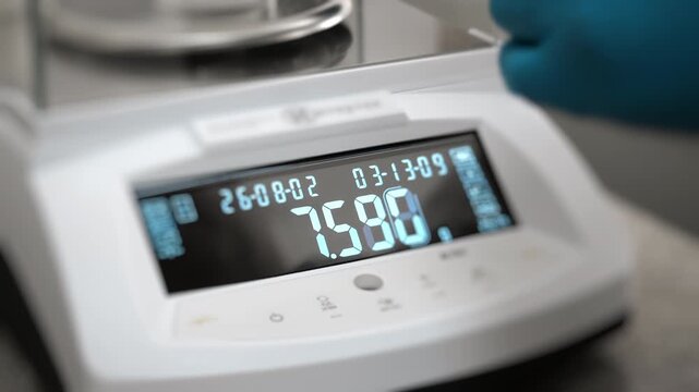 Close-up of digital analytical balance displaying measurement result during precise sample weighing, laboratory testing and scientific analysis.