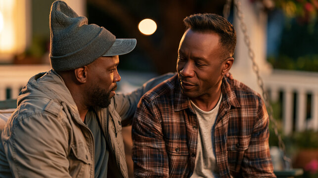 Two middle-aged Black men having an honest conversation on a porch swing