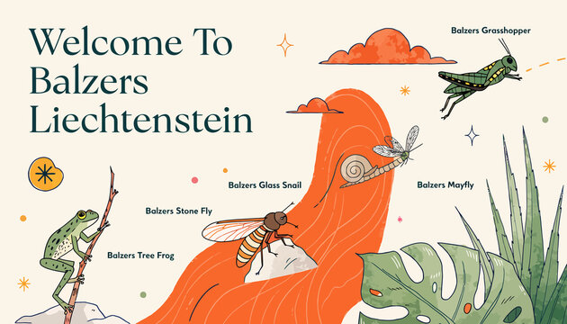Welcome to Balzers, Liechtenstein: Whimsical Illustration of Local Insects and Wildlife with Text
