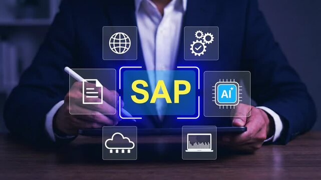 SAP, Systems applications and products concept. Software system for business operations. Person touching SAP icon on tab screen.