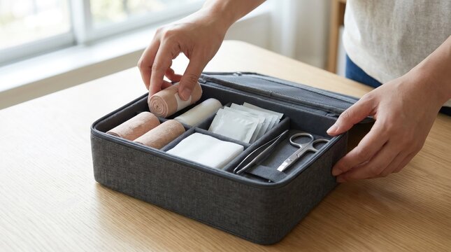 Close-up of hands arranging first aid supplies inside a black kit