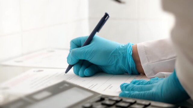Close-up of laboratory specialist in protective gloves recording test results and working with documents and calculator during scientific analysis and quality control.