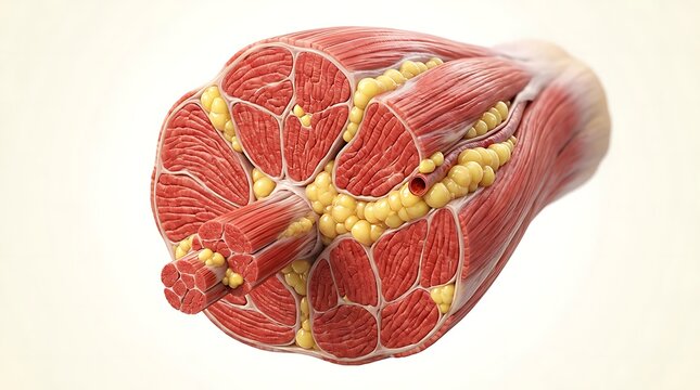 Detailed 3D medical illustration of human muscle anatomy with fat tissue cross section.
