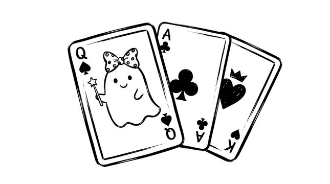 Three fanned playing cards with a cute ghost illustration and classic suit symbols