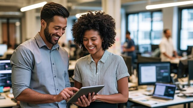 Diverse colleagues collaborate on a digital device in an office setting.