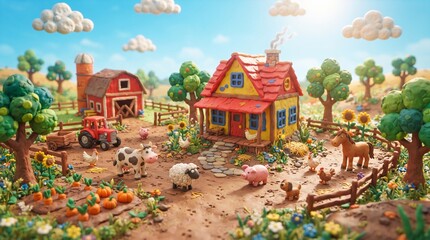 Fototapeta premium Claymation farm scene features a cozy farmhouse, red barn, tractor, and cute animals under a bright blue sky.