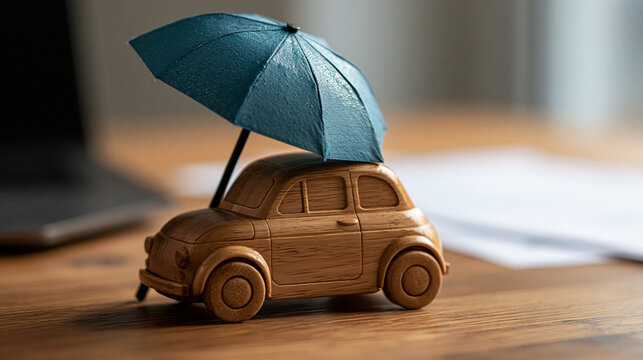 Car Insurance Concept: A miniature wooden car is protected by a teal umbrella, symbolizing the comprehensive coverage and safety provided by car insurance.